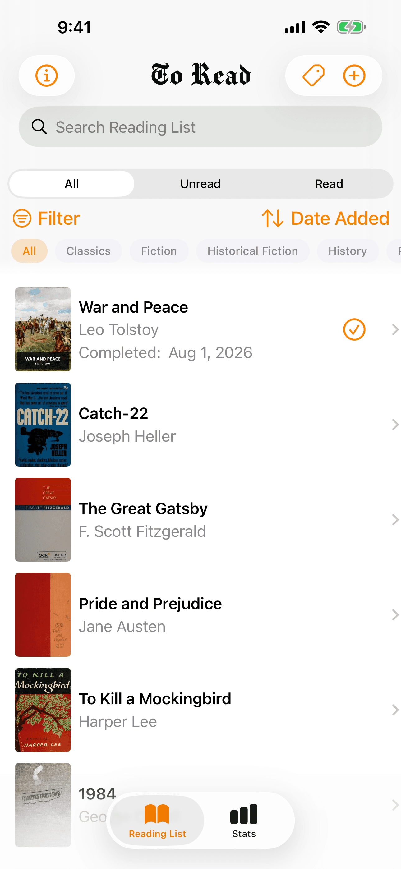 The To Read reading list, showing books with covers, authors, and completion dates